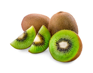 Ripe whole kiwi fruit and half kiwi fruit isolated on white background