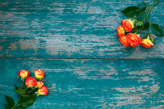 Background of a bouquet of beautiful fresh vivid orange roses for celebrating Valentines, birthday or Mothers Day on green wooden background