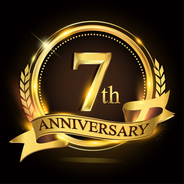 7th golden anniversary logo with ring and ribbon, laurel wreath vector design.