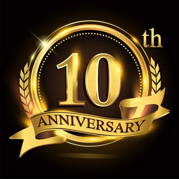 10th golden anniversary logo with ring and ribbon, laurel wreath vector design.