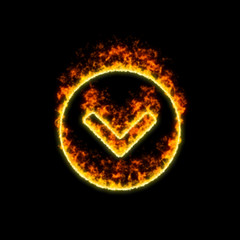 The symbol chevron circle down burns in red fire