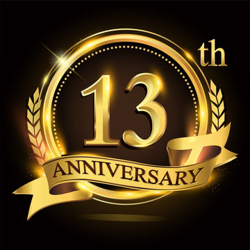 13th golden anniversary logo with ring and ribbon, laurel wreath vector design.