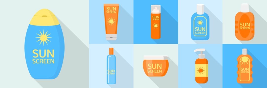 Sunscreen Bottle Icons Set. Flat Set Of Sunscreen Bottle Vector Icons For Web Design