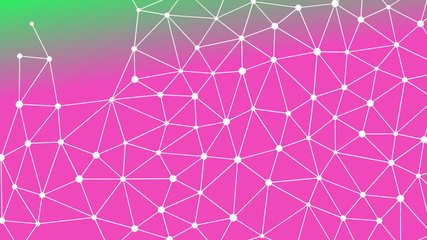 Abstrakt verbundene Punkte auf mehrfarbigem Hintergrund, technisch abstrakter Hintergrund. Technologiekonzept, LowPoly, Polygone, Dreiecke, Netzwerk, Soziales Netzwerk, IOT, Internet