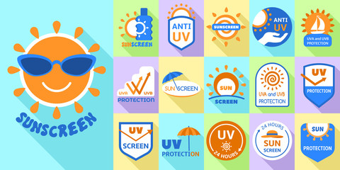 Sunscreen logo set. Flat set of sunscreen vector logo for web design