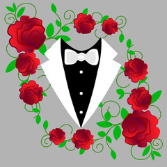 Man's jacket. Tuxedo. Weddind suit with bow tie. Vector