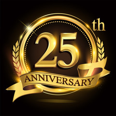 25th golden anniversary logo with ring and ribbon, laurel wreath vector design.
