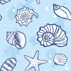 Seashells on a sea background. Underwater scene. Vector seamless pattern.