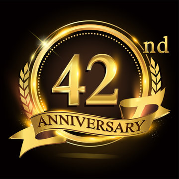 42nd golden anniversary logo with ring and ribbon, laurel wreath vector design.