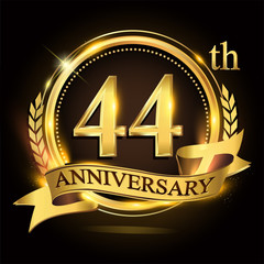 44th golden anniversary logo with ring and ribbon, laurel wreath vector design.