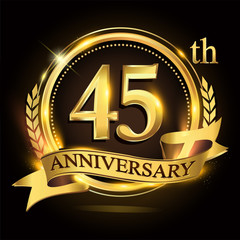 45th golden anniversary logo with ring and ribbon, laurel wreath vector design.