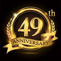 49th golden anniversary logo with ring and ribbon, laurel wreath vector design.