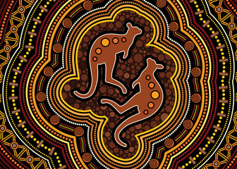 Aboriginal art vector painting with kangaroo. Illustration based on aboriginal style of landscape dot background.