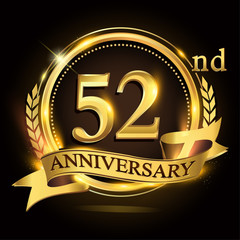 52nd golden anniversary logo with ring and ribbon, laurel wreath vector design.