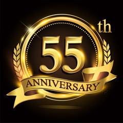 55th golden anniversary logo with ring and ribbon, laurel wreath vector design.