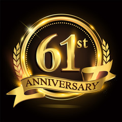 61st golden anniversary logo with ring and ribbon, laurel wreath vector design.