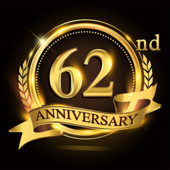 62nd golden anniversary logo with ring and ribbon, laurel wreath vector design.