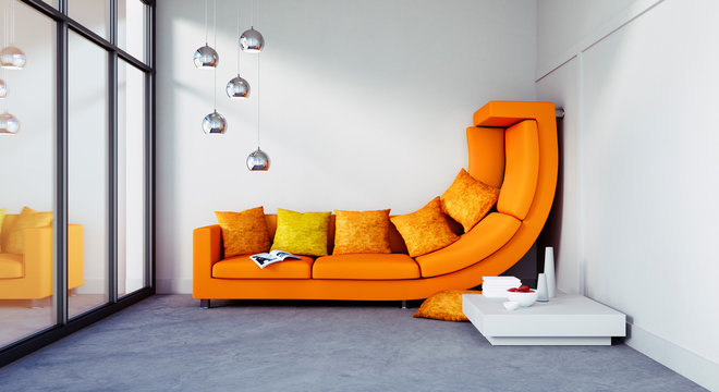 Oranges Sofa in zu engem Raum