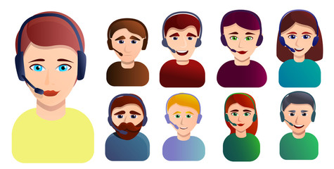 Call center employees icons set. Cartoon set of call center employees vector icons for web design