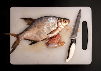 Cutting up fresh bream fish on a plastic board for dressing. Top view