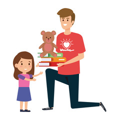 man volunteer giving a girl books and bear teddy