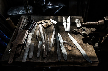 Tools on a table of sword blacksmith