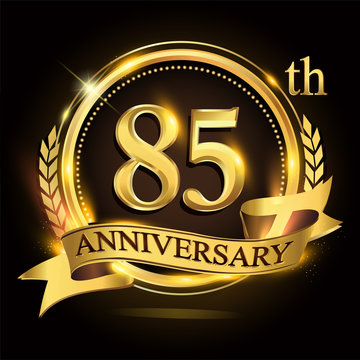 85th golden anniversary logo with ring and ribbon, laurel wreath vector design.