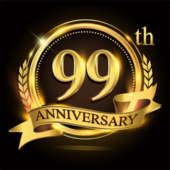 99th golden anniversary logo with ring and ribbon, laurel wreath vector design.