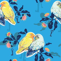 Blue pattern with flower and bird.
