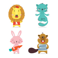 Lion, cat, hare, beaver. Cute cool little animals smiling. Kawaii cartoon baby animal character set. Flat hand drawn illustration kid's poster. Child theme. T-shirt print, wear, greeting card.