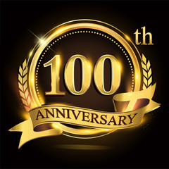 100th golden anniversary logo with ring and ribbon, laurel wreath vector design.