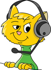 Fototapeta premium Cartoon cat character with a headset on his head giving customer support service vector illustration