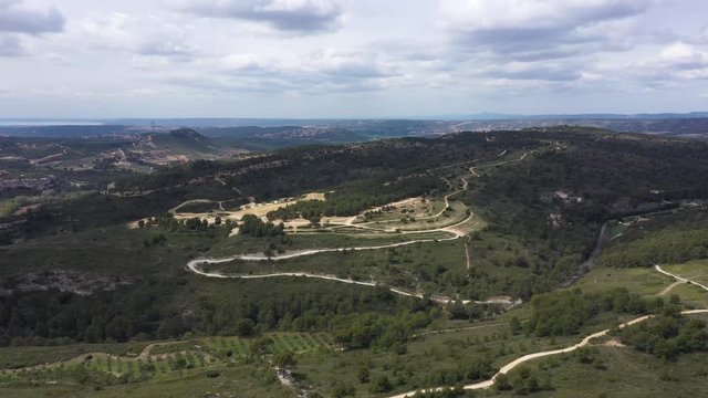 Aerial drone view over a motocross field in South of France beautiful nature landscape