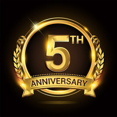5th golden anniversary logo, 5 years anniversary celebration with ring and ribbon, Golden anniversary laurel wreath design.