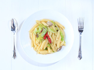 Penne pasta with anchovy and spring cabbage and shells アンチョビと春キャベツのペンネパスタ