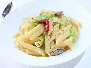 Penne pasta with anchovy and spring cabbage and shells アンチョビと春キャベツのペンネパスタ