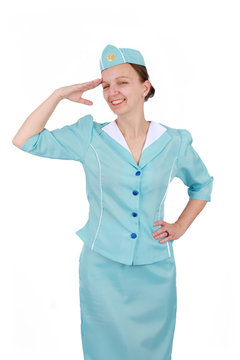 Stewardesse - Portrait of charming and smiling stewardess wearing in the blue uniform. Isolated on white background