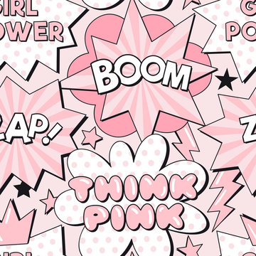 Pop art comic fight supergirl power text bubbles. Girlish Superhero themed seamless pattern. Vector doodle graphics. Perfect for little girl design like t-shirt textile fabric print birtday party