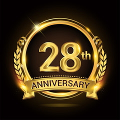 28th golden anniversary logo, 28 years anniversary celebration with ring and ribbon, Golden anniversary laurel wreath design.