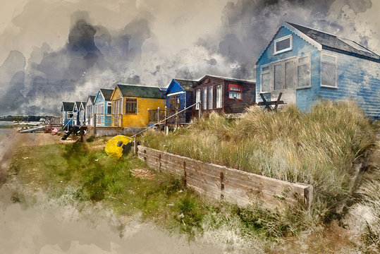 Watercolor painting of Lovely beach huts on sand dunes and beach landscape