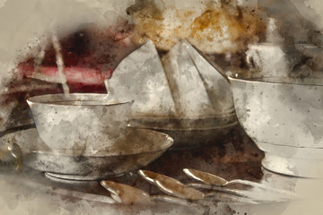 Watercolor painting of 18th Century cups and saucers crockery on inlaid wooden serving tray