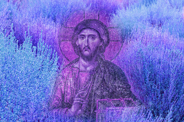 Jesus Christ image on colourful blue tone natural texture background
