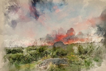 Watercolor painting of Stunning dawn sunrise landscape image of Higger Tor in Summer in Peak District England