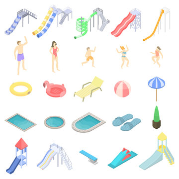 Aquapark icons set. Isometric set of aquapark vector icons for web design isolated on white background