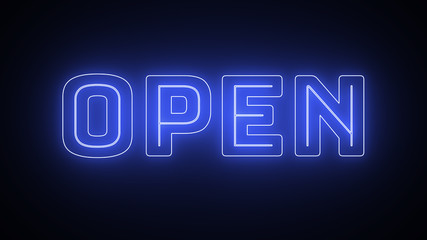 blue open neon sign on dark background  4k