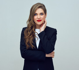 confident businesswoman in black jacket.