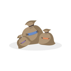 Funny isolated brown bags with stripes. White background. Cartoon style illustration. Vector.