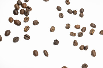 Coffee beans arranged on a white background