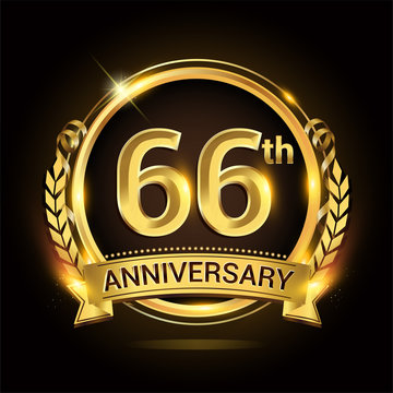 66th golden anniversary logo, 66 years anniversary celebration with ring and ribbon, Golden anniversary laurel wreath design.