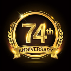 74th golden anniversary logo, 74 years anniversary celebration with ring and ribbon, Golden anniversary laurel wreath design.